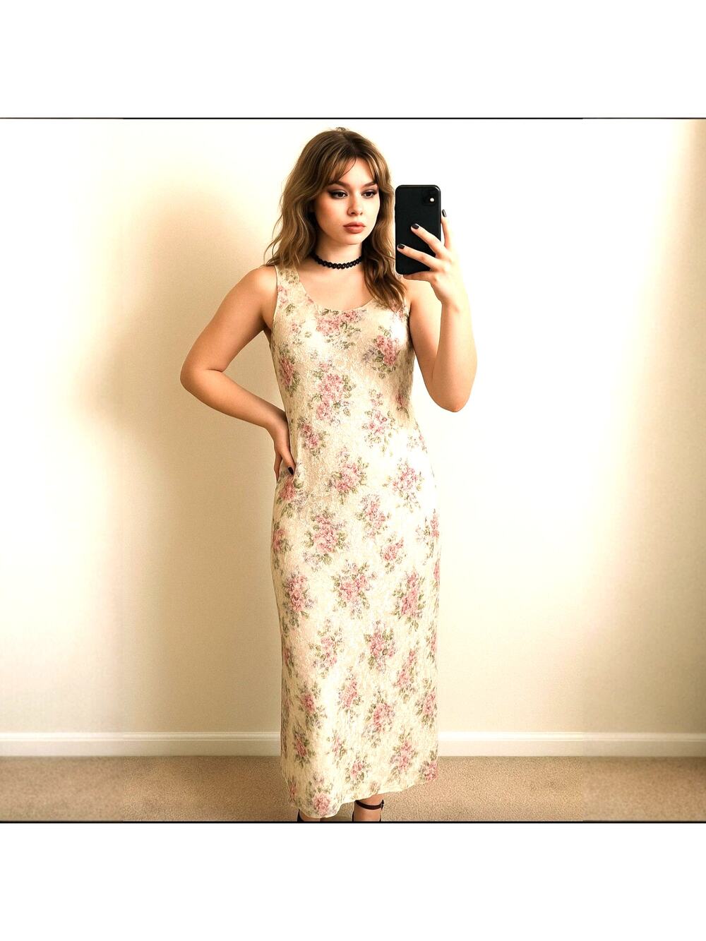 Vintage 90's J.B.S Ltd Maxi Dress Sleeveless Floral Lace Sheer Overlay V Back